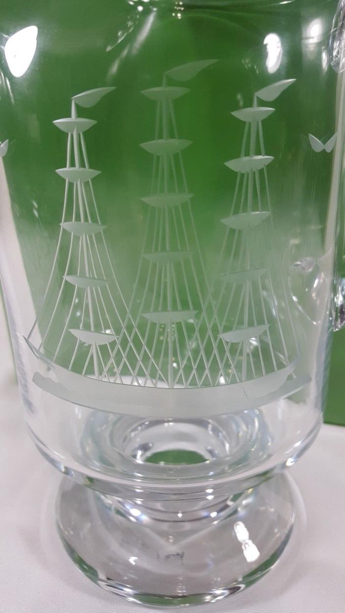 Etched Clipper Ship Crystal Art Glass Ice Juice Tea Pitcher Nautical Sail Boat