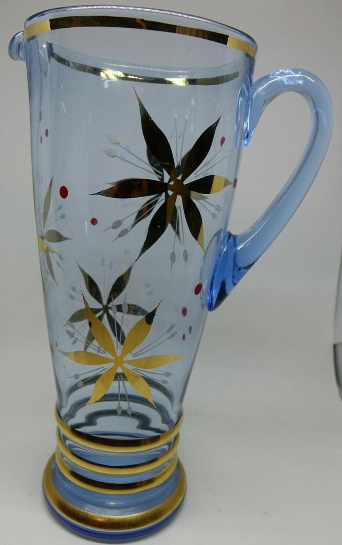 Vintage Cornflower Blue Glass Gold Floral Lemonade Pitcher Martini MCM Barware