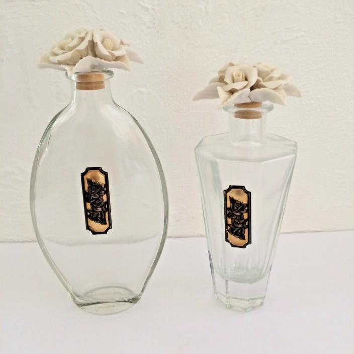 Kefla Depose Liquor Bottles Porcelain Bisque Flower Stoppers Germany Vintage