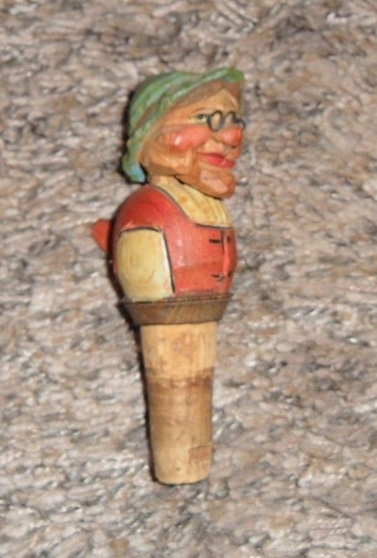 Vintage Hand Carved Wood Mechanical Man Bottle Cork Stopper Barware