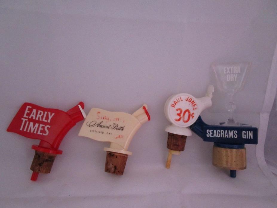 Set Of 4 Liquor Bottle Pourer Stoppers Advertising Collection Seagrams Vintage