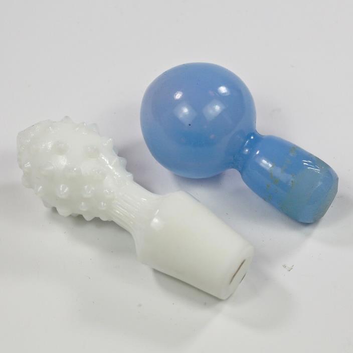 Lot of 2 Decanter or Bottle Stoppers blue opaline and white milk glass
