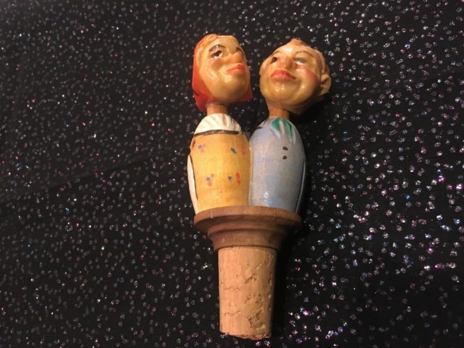 Antique Hand Carved Wood Resin Mechanical Bottle Stopper Kissing Man & Woman
