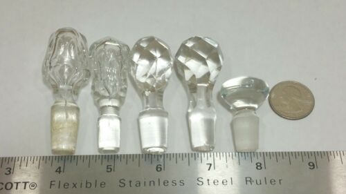 Vintage Old lot of 5 Glass Cut Crystal, Pressed glass, Bottle Decanter Stopper