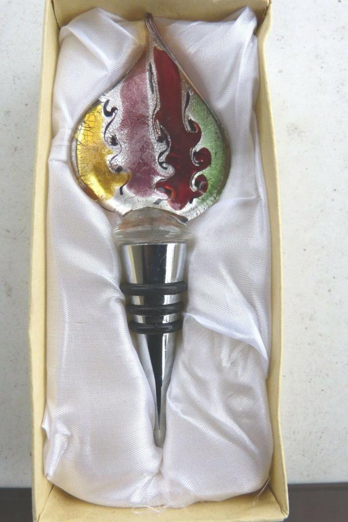 BEAUTIFUL ART GLASS WINE BOTTLE STOPPER HAND MADE NEW IN SATIN LINED BOX