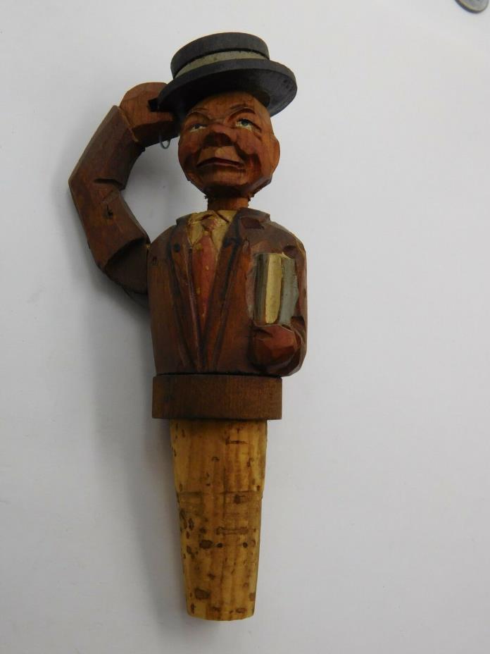 Hand Carved Wooden Animated Hat Tipper Figural Cork Bottle Stopper