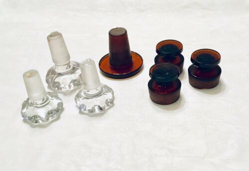 Vintage Glass Decanter And Jar Stoppers Variety Mix Clear Brown Maroon Glass