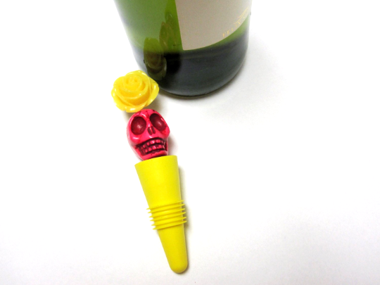 Pink Skull Yellow Wine Stopper Day of The Dead Silicone Wine Cork
