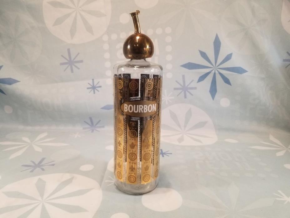 Bourbon Liquor Bottle W Hi-Ball Brass Pourer + Gold Decorations 1950's