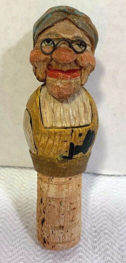Vintage Hand Carved Man with Moving Mouth Mechanical Bottle Cork Stopper