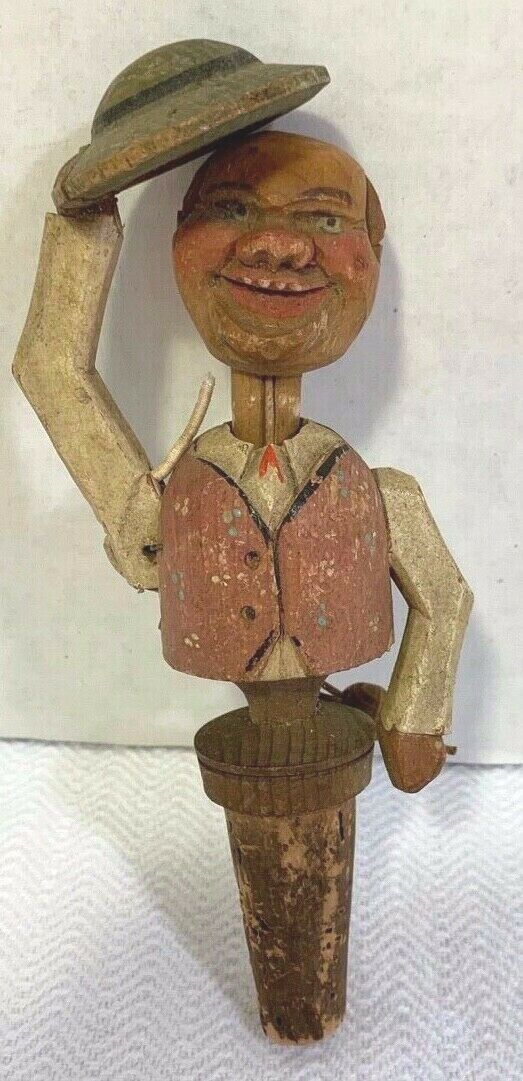 Vintage Hand Carved Man Tipping Hat Mechanical Bottle Cork Stopper (Broken)