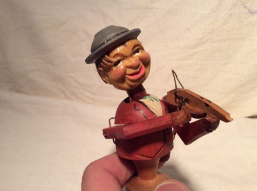 1940's Wooden Figural Cork Stopper, Carved Wood Man, Violin Player, Mechanical
