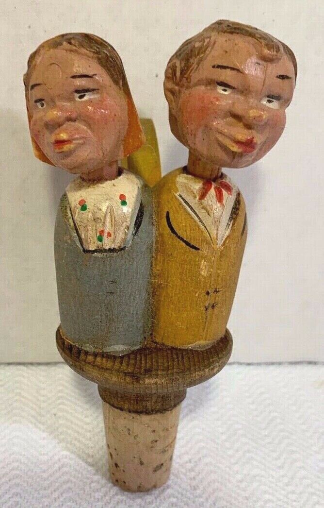 Vintage Hand Carved Kissing Couple Mechanical Bottle Cork Stopper