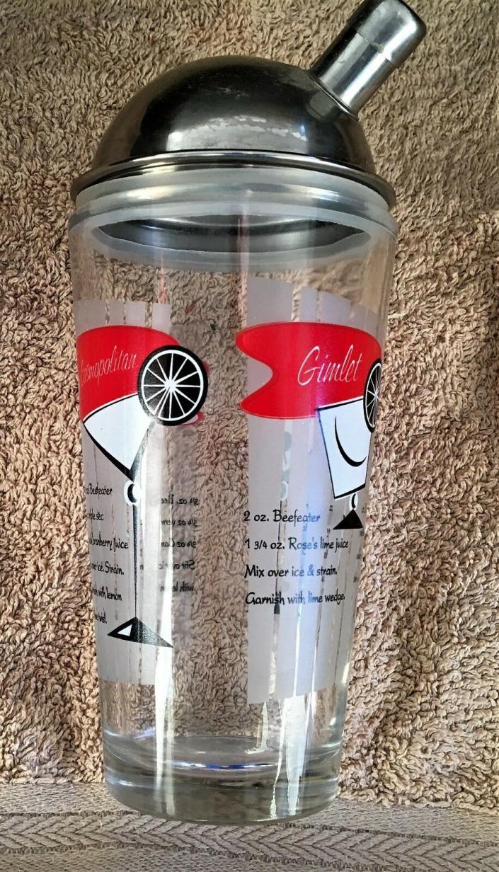 DUO VINTAGE GLASS/METAL COCKTAIL SHAKERS RETRO MAN CAVE/SHE SHED GREAT GRAPHICS