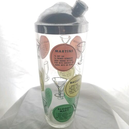Vintage Mid-Century GLASS COCKTAIL MIXER SHAKER with METAL LID & Recipes
