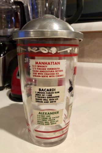 Vtg Sports Glass Cocktail Shaker Drink Recipes Manhattan Martini Whiskey Sour