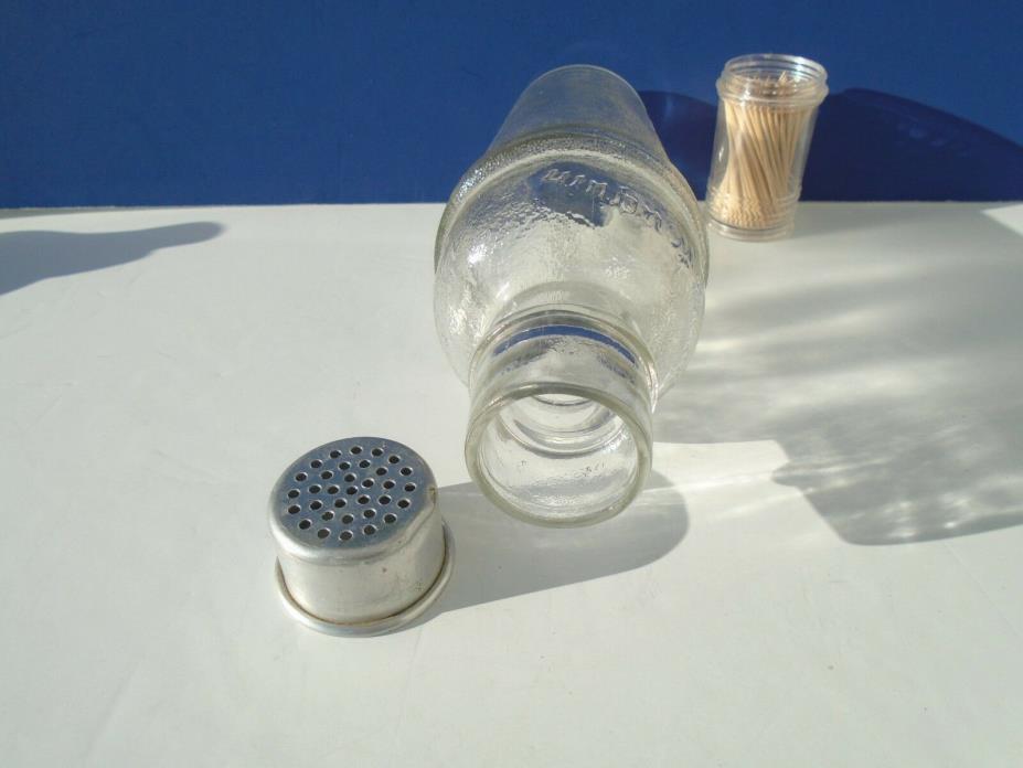 Vintage MOUQUIN Liquor Glass Bottle Shaker MID CENTURY BARWARE Aluminum Strainer
