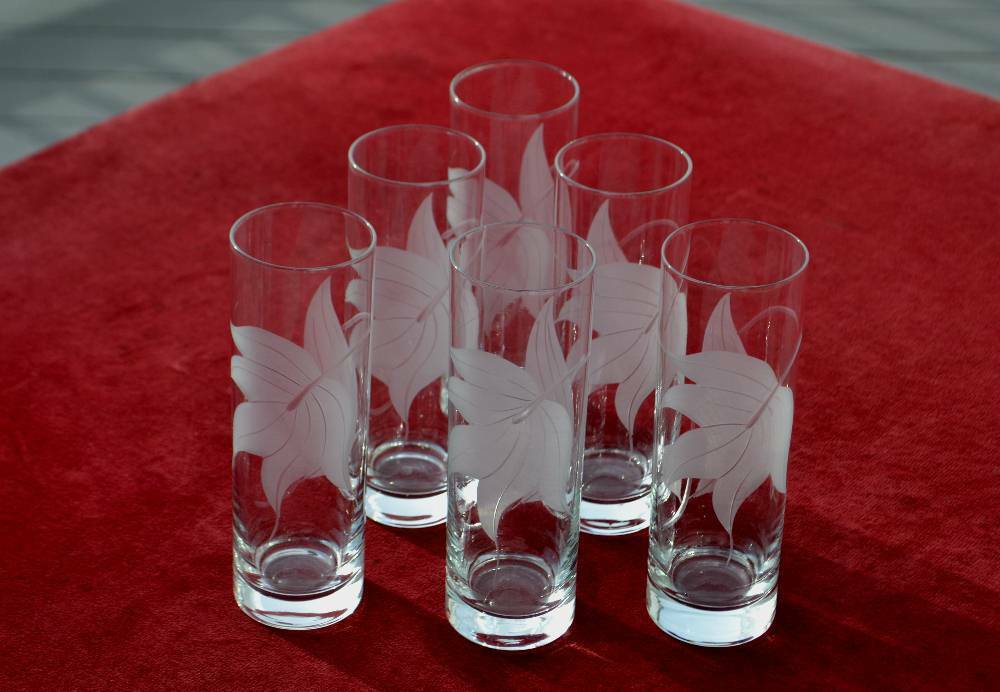 Art Deco Tumblers Clear Glass Etched Leaves Iced Tea Barware 6 pcs