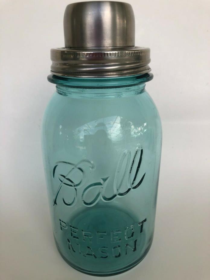 Vintage Aqua Perfect Mason Ball Jar W/ Steel Drink Shaker Lid Barware