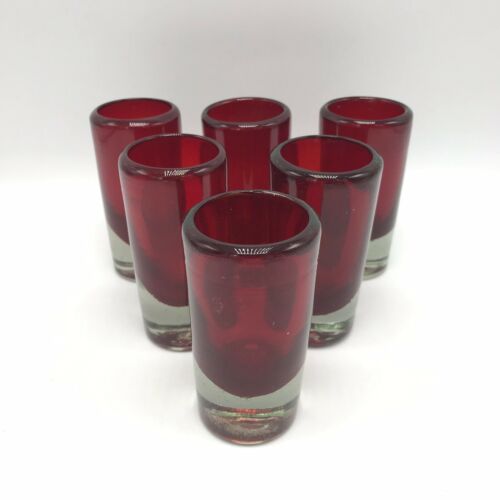 Set of 6 Red 2oz/ounce Shot Glasses with Clear Weighted Bases & Rounded Rims