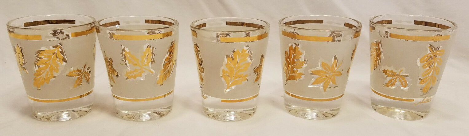 Vintage Lot of 5 Aldon Shot Glasses Gold Leaf Design on Frosted Glass