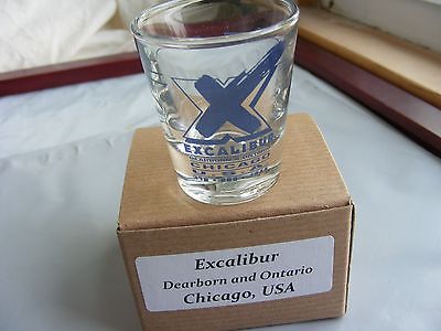 Shot Glass Excalibur Dearborn and Ontario Chicago USA Blue 312 266 1944