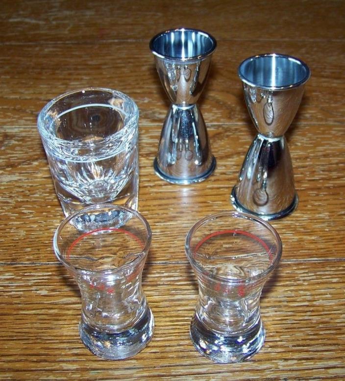 Lot of 5 Shot Glasses Measuring Line Jiggers Bar Ware Glass