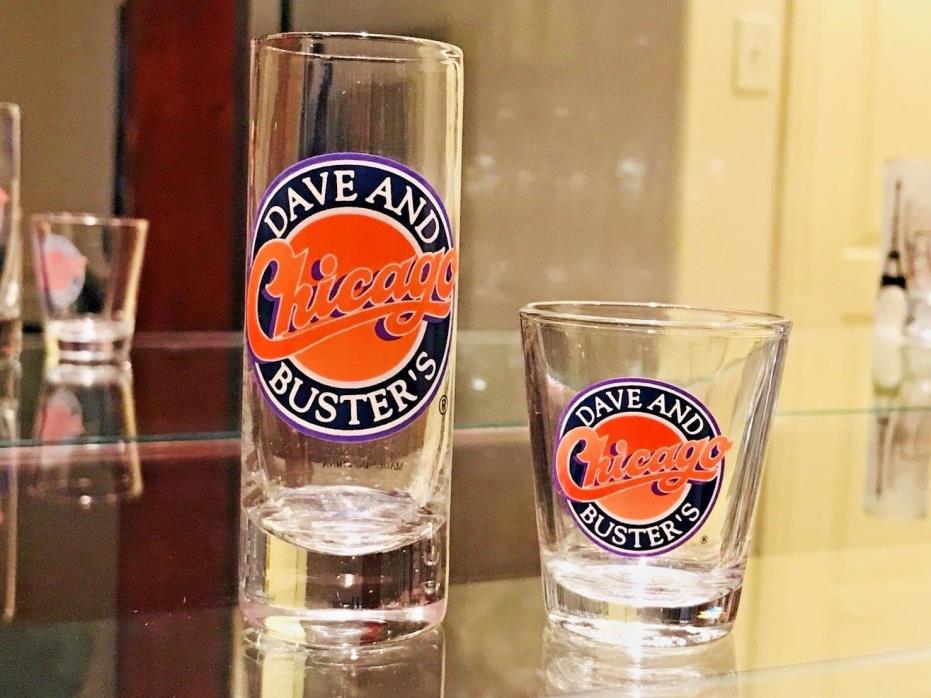 2 Dave and Buster's Chicago Shot and Tall Shot glasses - Excellent Condition