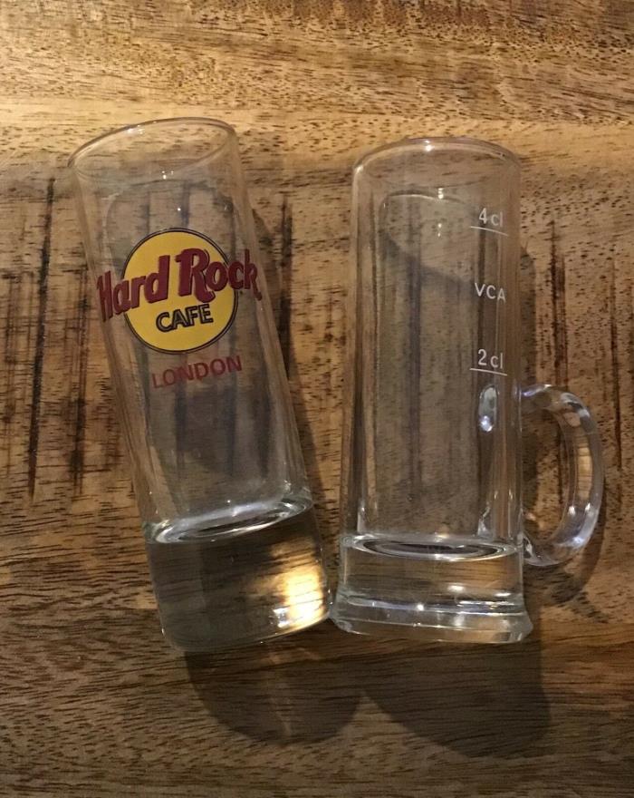 Hard Rock Cafe, double shot glasses, Red Letter London, AND graduated w/ handle