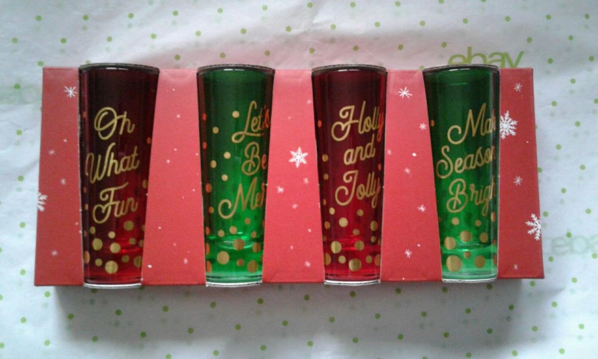 Sur La Table Set of 4 Shot Glasses Christmas Red & Green Holiday Gold Messages