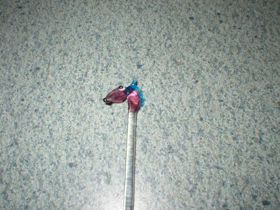 VTG Blown Art Glass Purple/Blue Horse Swizzle Stick Stir Pick Stick 6 3/8