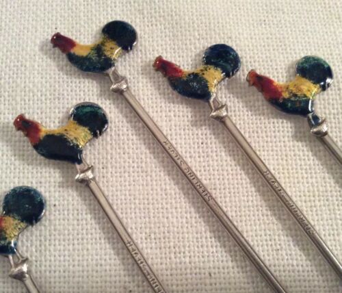 Vintage Art Deco Sterling silver Set 6 Enamel Rooster Cocktail Picks 69 Gram