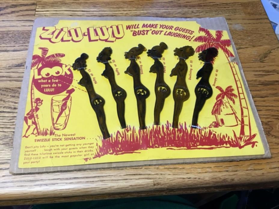 Zulu lulu swizzle sticks on original display card. Set of 6