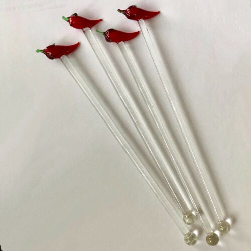 Red Chili Pepper Cocktail Stirs Swizzle Sticks Blown Glass Set 4