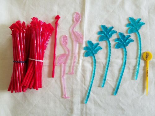 VINTAGE SWIZZLE STICKS DRINK STIRRERS RED SEAGRAMS 7 FLAMINGO PALM TREE LOT 53