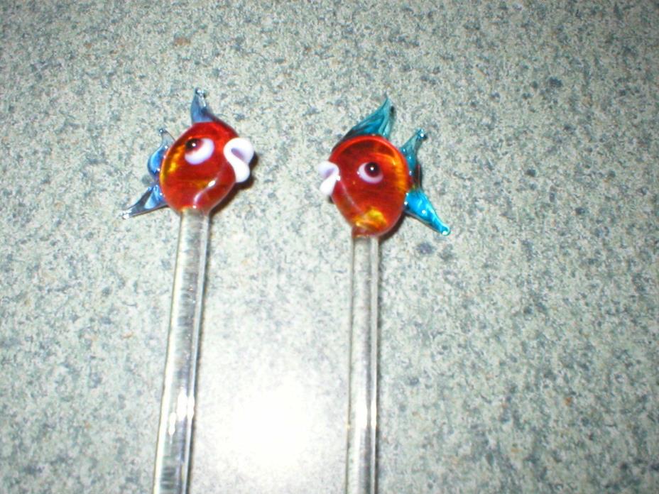 2 VTG Blown Art Glass Red/Blue Fish Swizzle Sticks Stir Pick Sticks 6 5/8