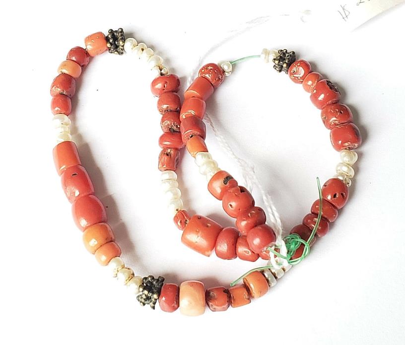 Strand of Antique Coral and pearls Silver Beads from Yemen