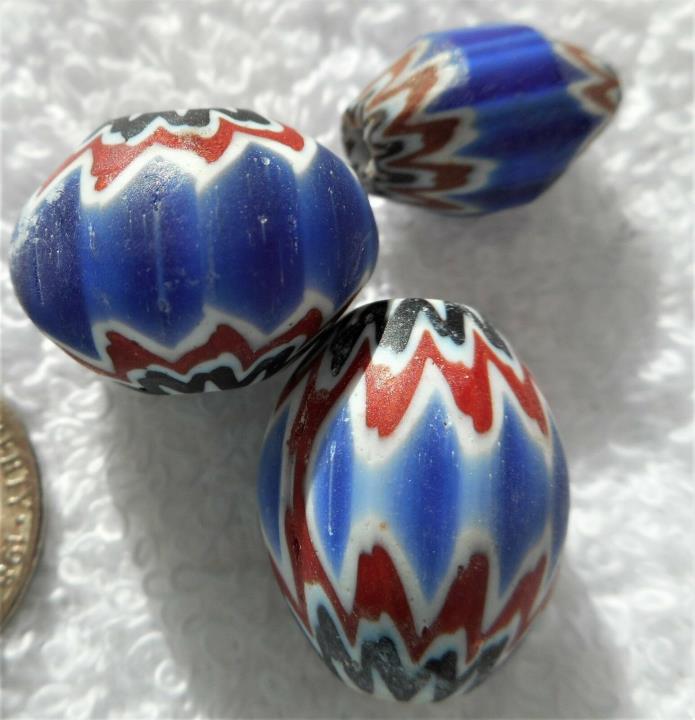 Chevron Venetian Glass 3 Trade Beads Layered blue multi-color Chevrons RARE