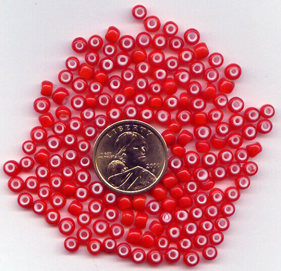 Red Venetian White Heart 5mm Vintage Trade Beads, One ounce (approx. 200 Beads)
