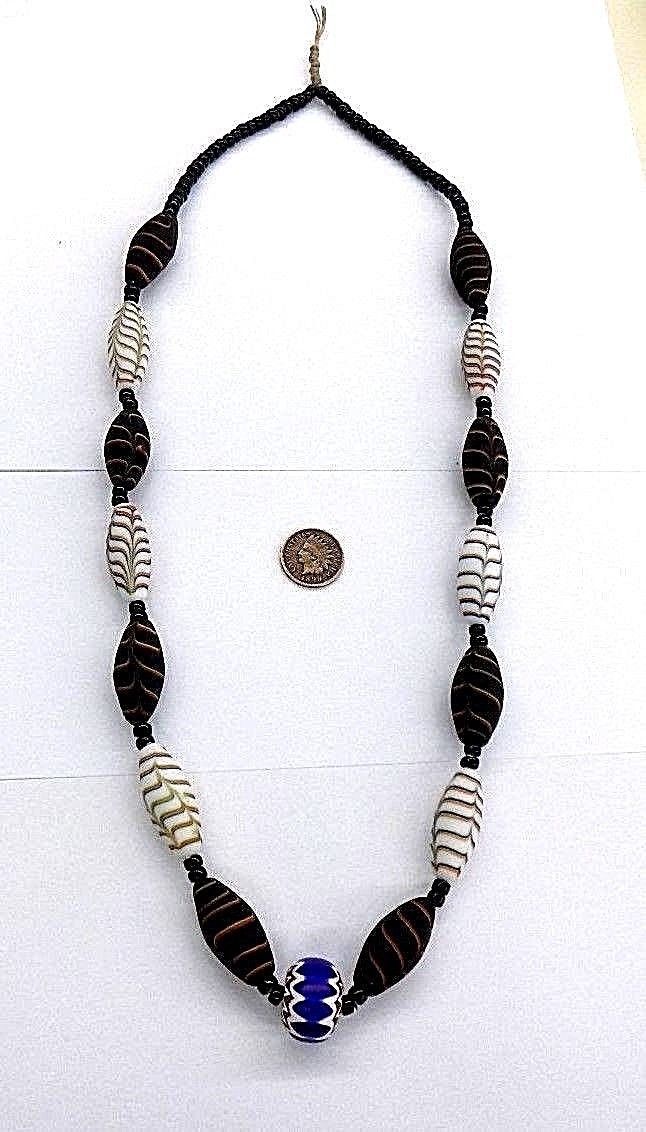 BLACK & White Feather ~ Antique Chevron ~ Venetian Trade Bead Necklace  Bin B