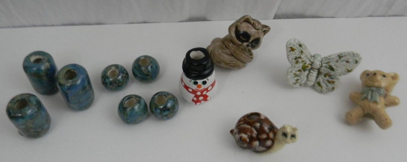 Vintage Lot of 12 Large Ceramic Macrame Beads Butterfly Snail Bear SnowmanRacoon