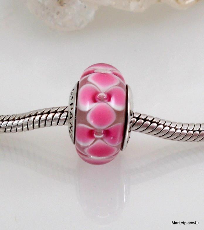 Authentic Pandora Sterling Silver 925 Ale Pink Flowers Murano Glass Bead Charm