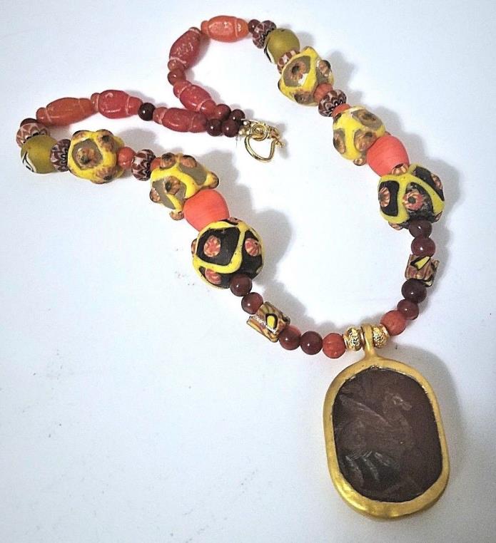 Ancient Near East Phoenician Glass Beads Necklace w Pegasus Intaglio Pendant