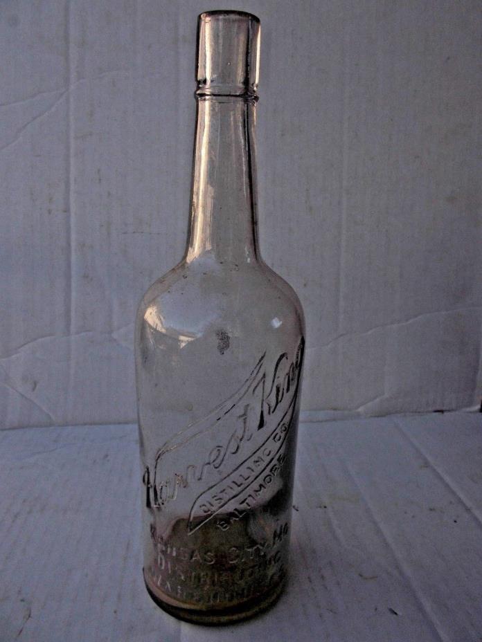 Vintage whiskey bottle HARVEST KING DISTILLING cork type Baltimore Kansas City