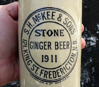 Antique 1911 Fredericton, NB 'S. H. McKee' stone ginger beer bottle FREE SHIP!