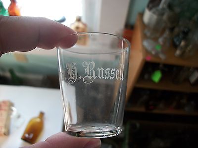 EARLY ACID ETCHED JAS K. RUSSELL THIN-WALL WHISKEY GLASS PRE-PROHIBITION