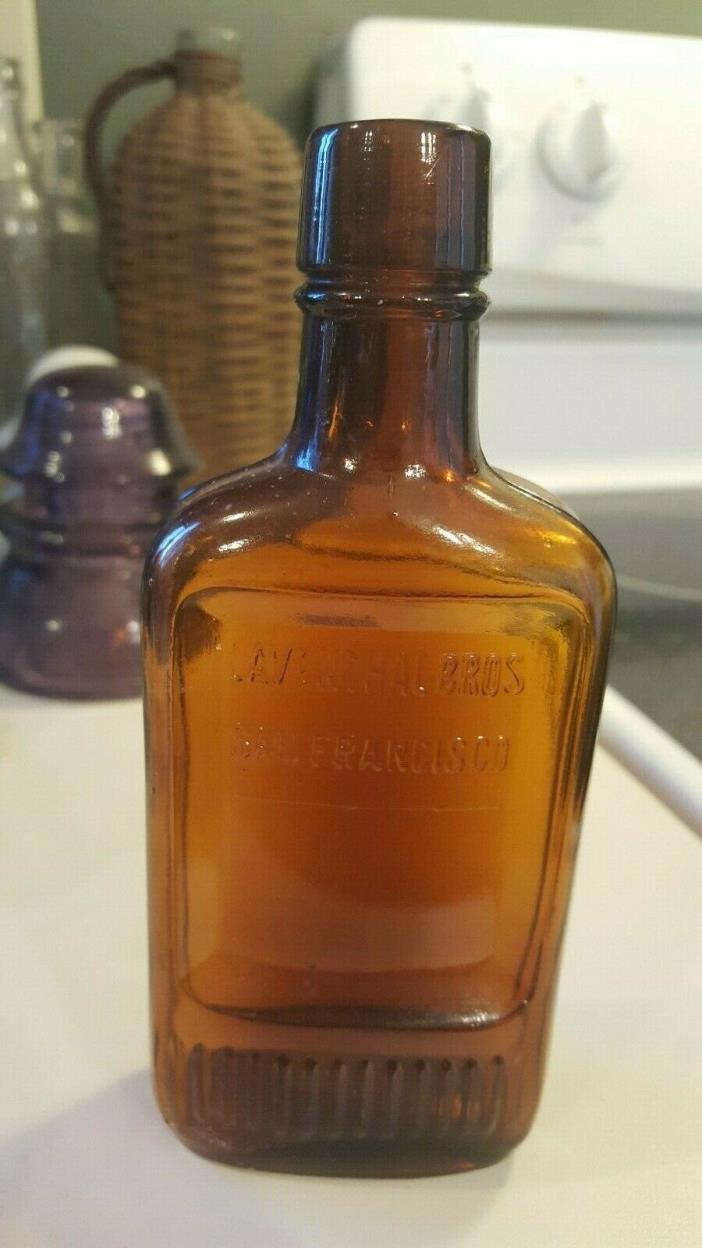 1/2 PINT AMBER WESTERN WHISKEY FLASK - LAVENTHAL BROS. SAN FRANCISCO