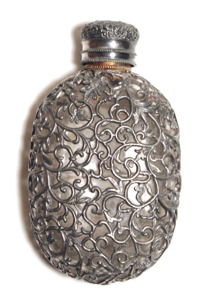 Antique Vtg 19th Century Victorian Metal Filigree Empty Bottle Whiskey Flask