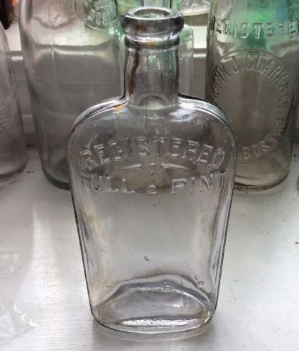 Antique Registered Full 1/2 Pint 8 Fluid Oz Strap Side Whiskey Flask Bottle