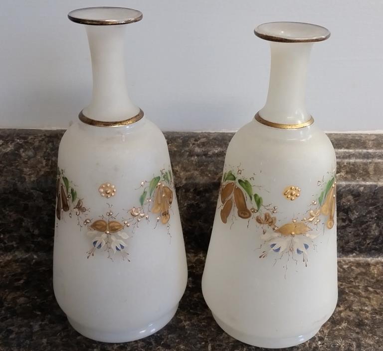 2 Victorian Enamel Painted Satin Glass Pontil Barber Bottles, Bellflowers & Gold